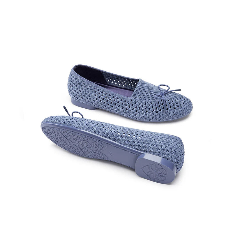 Bow Hollow Mesh Knit Round Toe Low Heel Flats - Denim