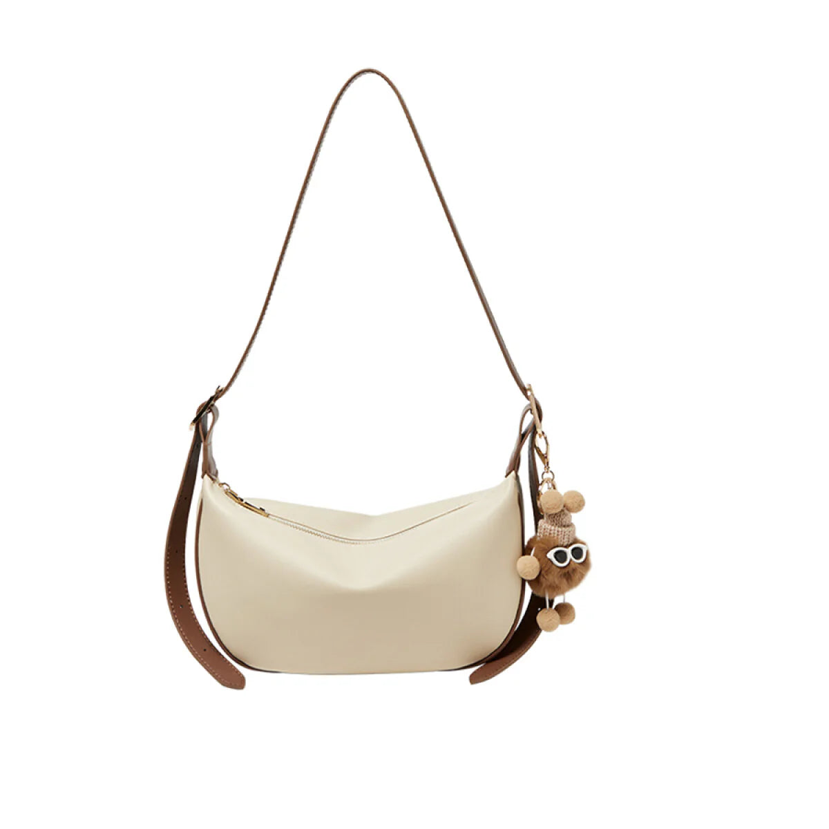 Nalandu Crescent Leather Crossbody Shoulder Bag with Bear Charm - Ivory