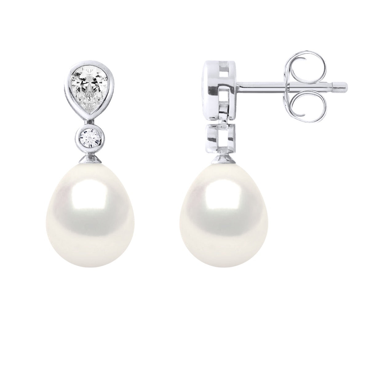 Earrings Real Cultured Freshwater Pearls Pear 7-8 mm - Natural White - Height Design Zirconia 0,60 cm