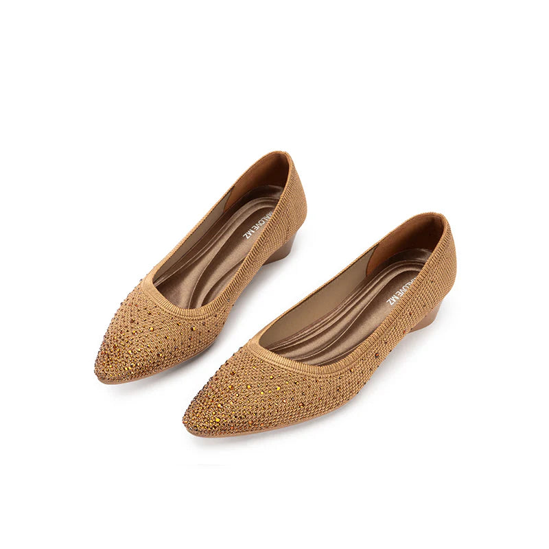Rhinestone Gradient Knit Pointed Toe Wedge Flats - Tan
