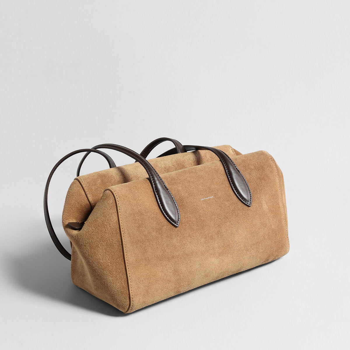 Suede Leather Structured Pillow Tote Bag - Camel