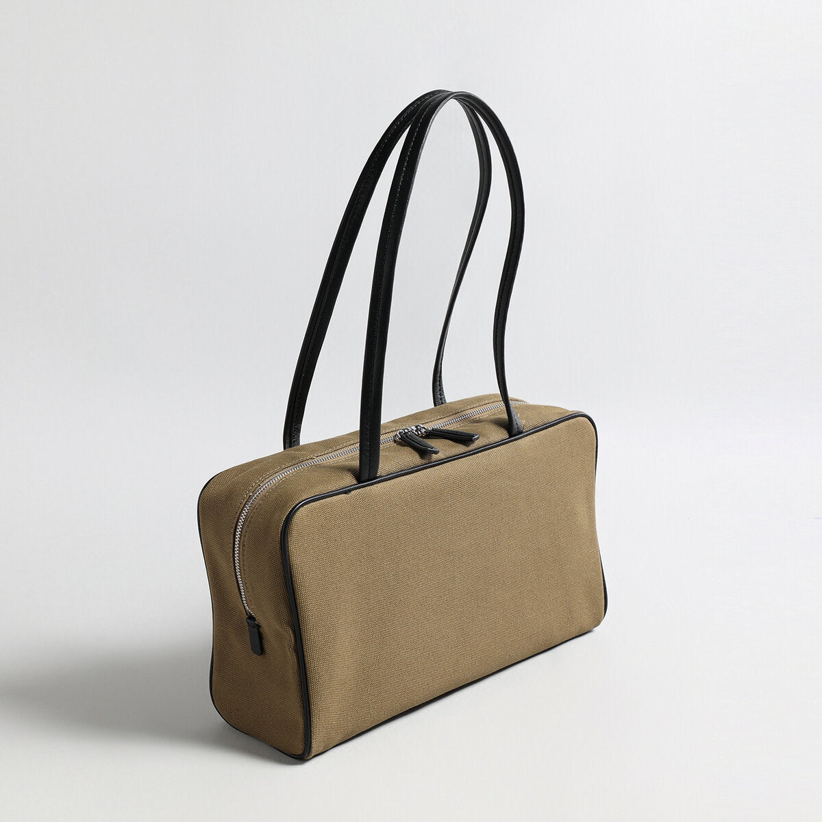 Canvas & Sheepskin Leather Box Tote Bag - Khaki