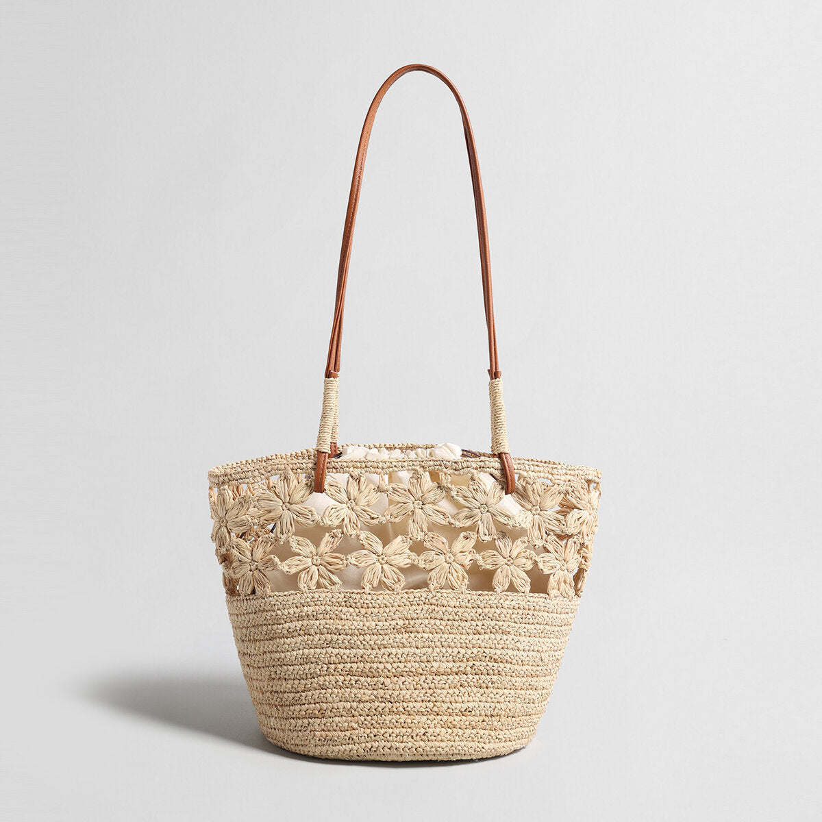 Floral Crochet Woven Straw Tote Bag - Natural