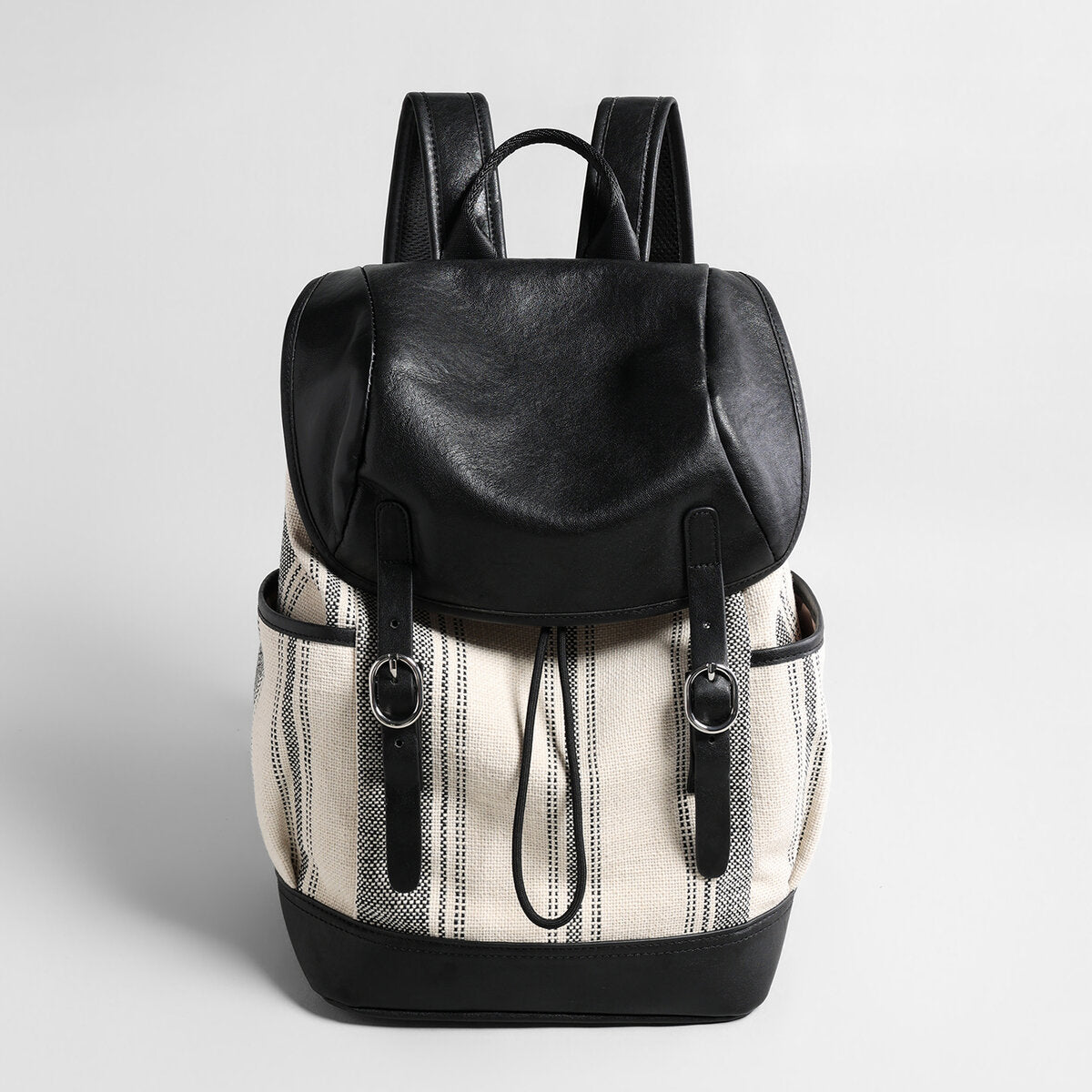 Canvas & Leather Drawstring Backpack - Ivory