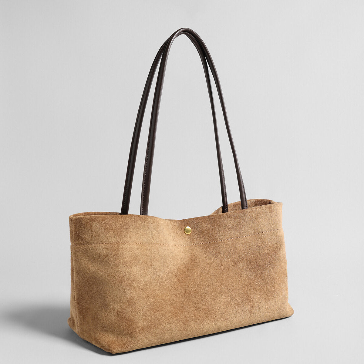 Suede Leather Wave-Top Tote Bag - Camel