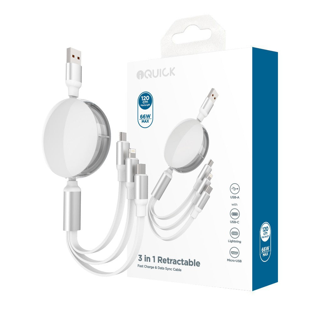 iQuick 3 in 1 Retractable Fast Charge Data Sync Cable USB Type-C Micro USB Pin