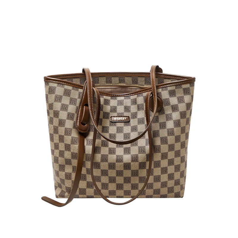 Nalandu Vintage Checkered Commuter Tote Bag - Khaki