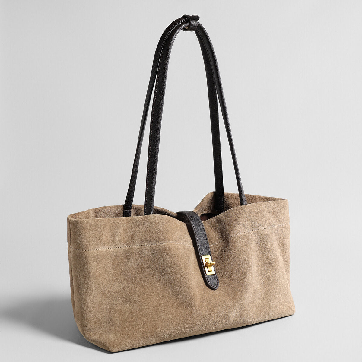 Suede Leather Turn-Lock Tote Bag - Oat