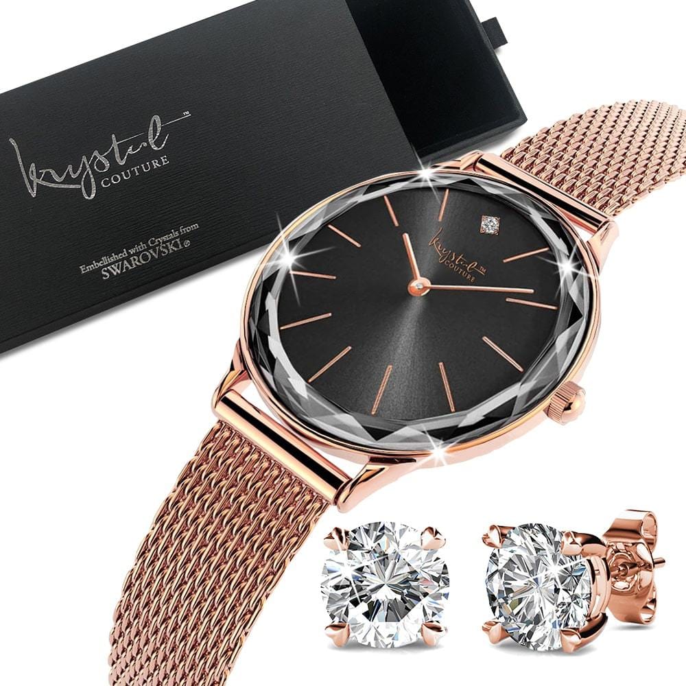 Boxed of Krystal Couture Mineral Glass Watch with Earrings Embellished with Crystals from SWAROVSKI® Set in Rose Gold