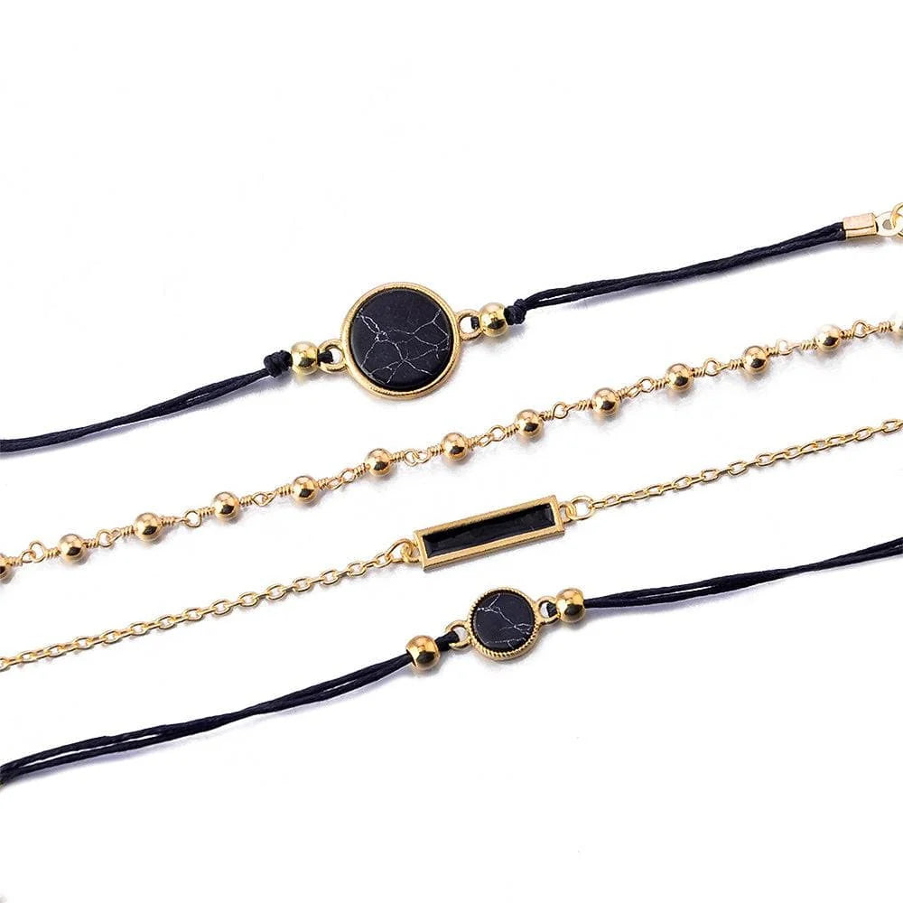 Boxed Bohemian Multi Layered Charm Bead Bracelet and Fish Shaped Gold Plated Earrings Set - Black