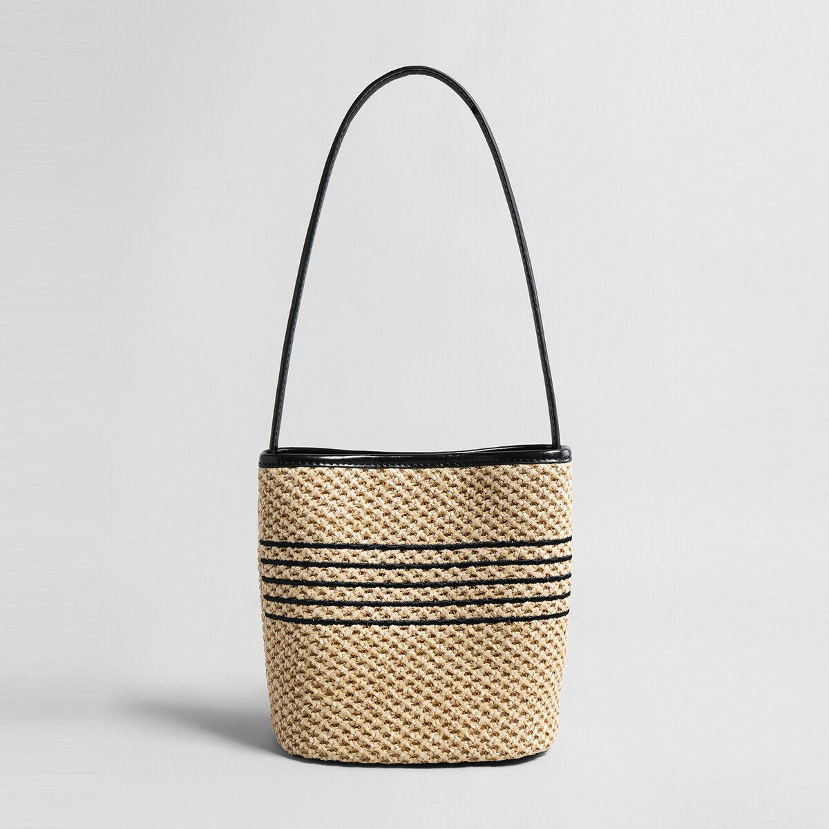 Striped Woven Straw Bucket Bag - Natural