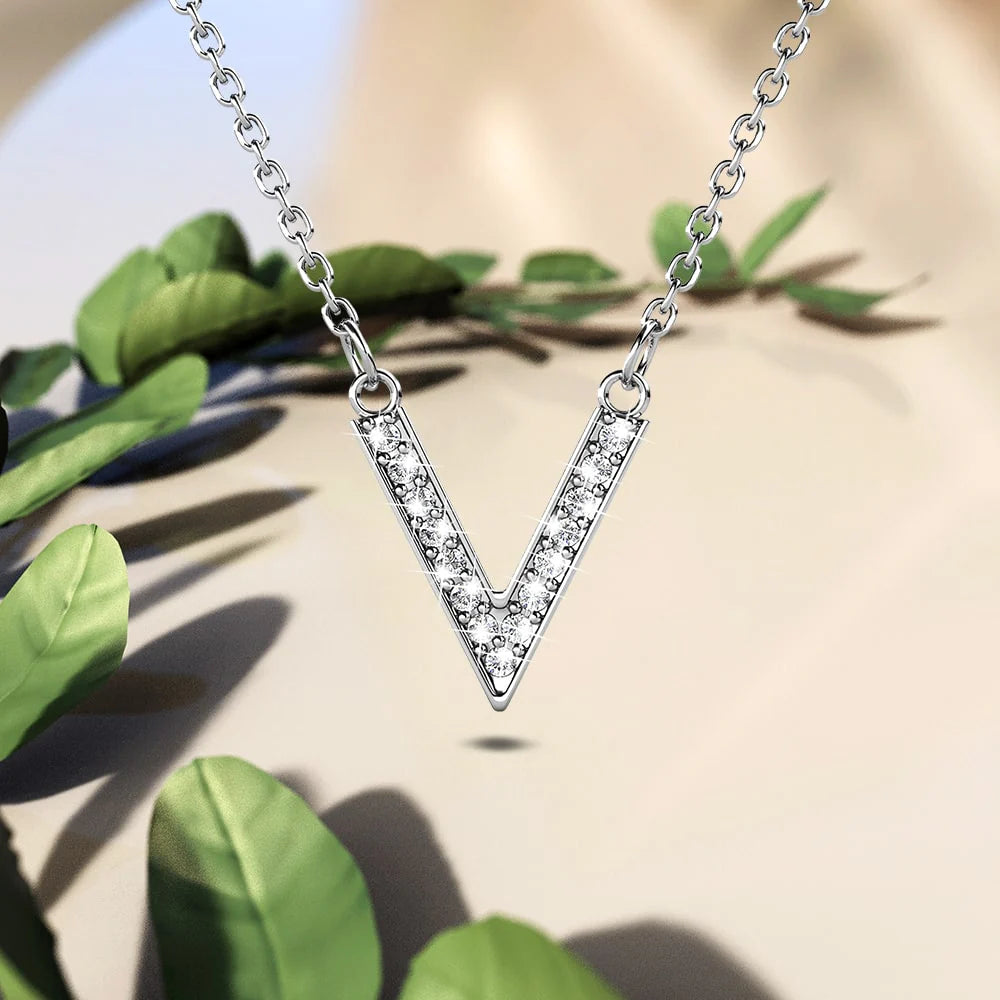 Krystal Couture Luxury V Shaped Pendant Necklace in White Gold Embellished with Swarovski Crystals