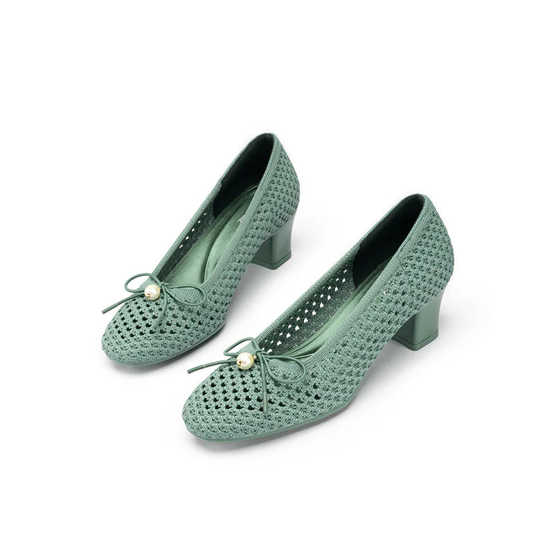 Pearl Bow Mesh Knit Round Toe Pumps - Green