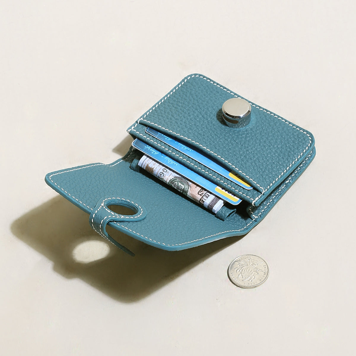Slim Leather Wallet with Detachable Strap - Blue