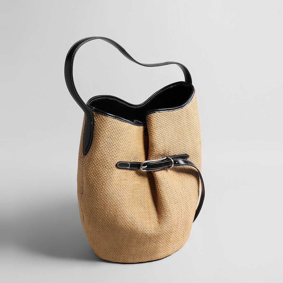 Belted Woven Straw Bucket Bag - Natural