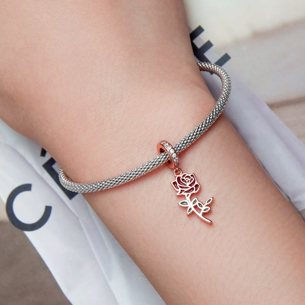 Solid 925 Signature Silver Blooming Rose Charm In Rose Gold