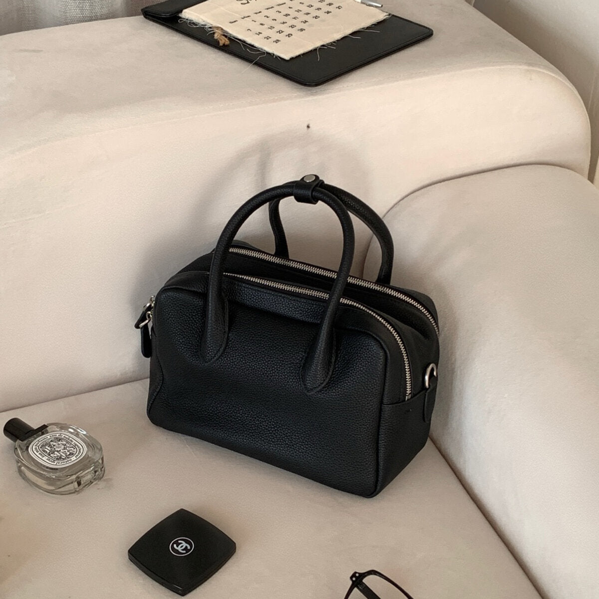 Pebbled Leather Bowling Bag - Black