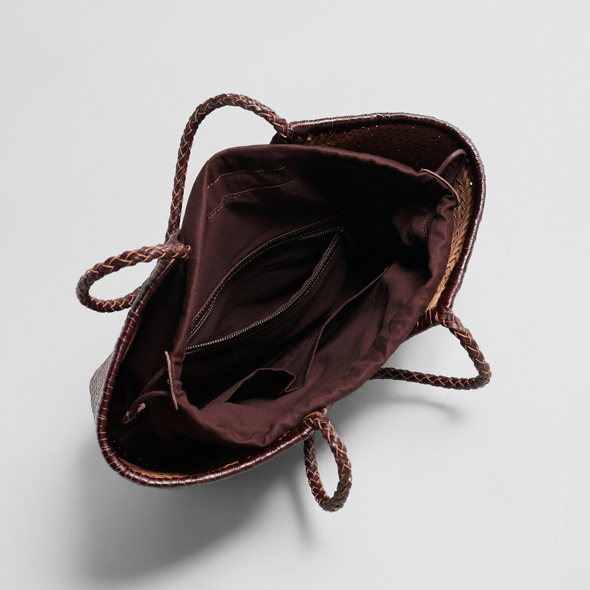 Handwoven Leather Herringbone Basket Tote Bag - Chocolate
