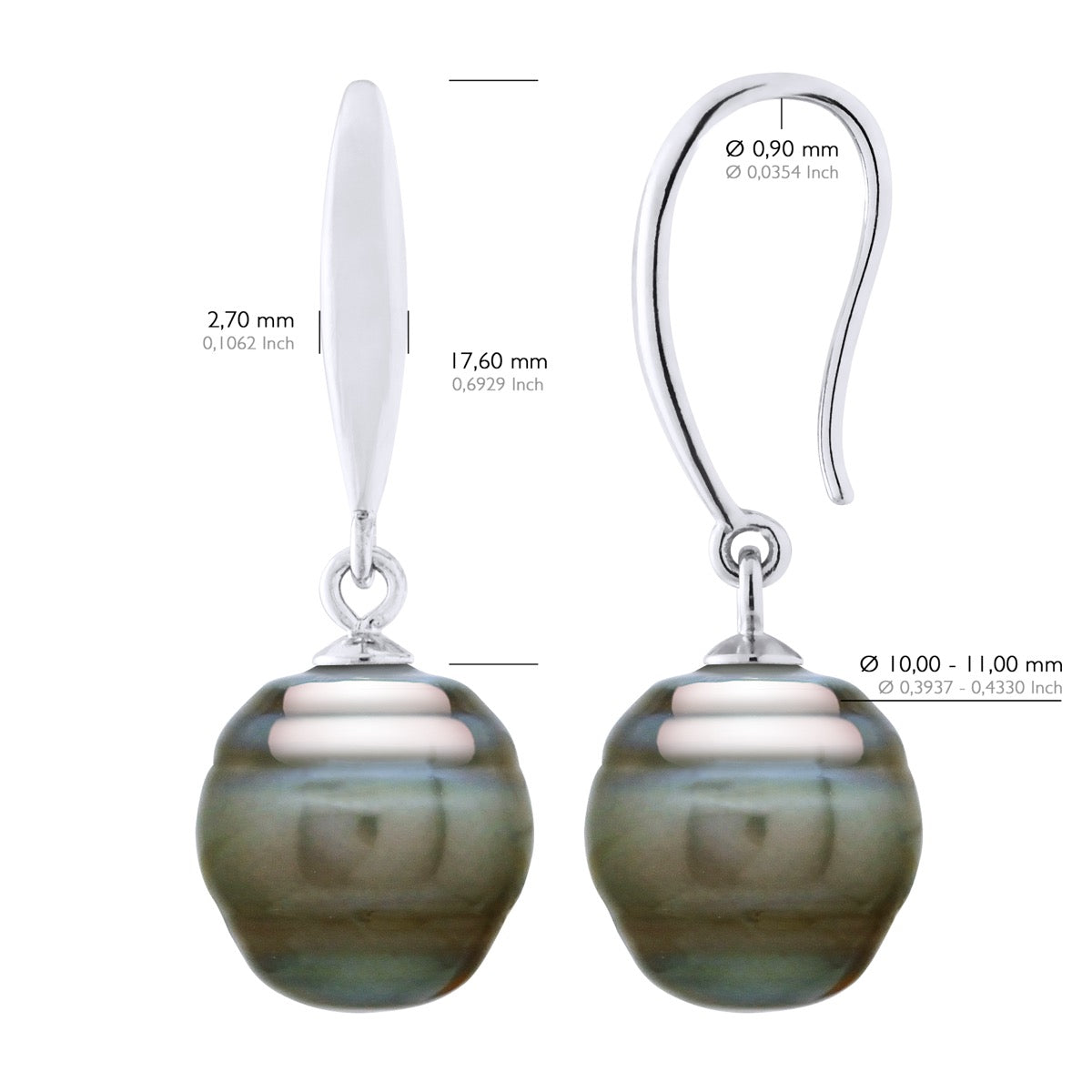 Earrings of Silver 925 and Real Cultured Tahiti Pearls Circled 10-11 mm - Longueur 18 cm