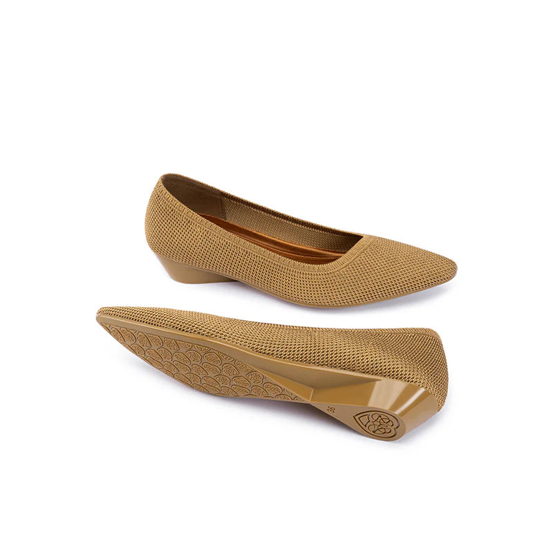 Diagonal Cut Knit Pointed Toe Wedge Flats - Tan