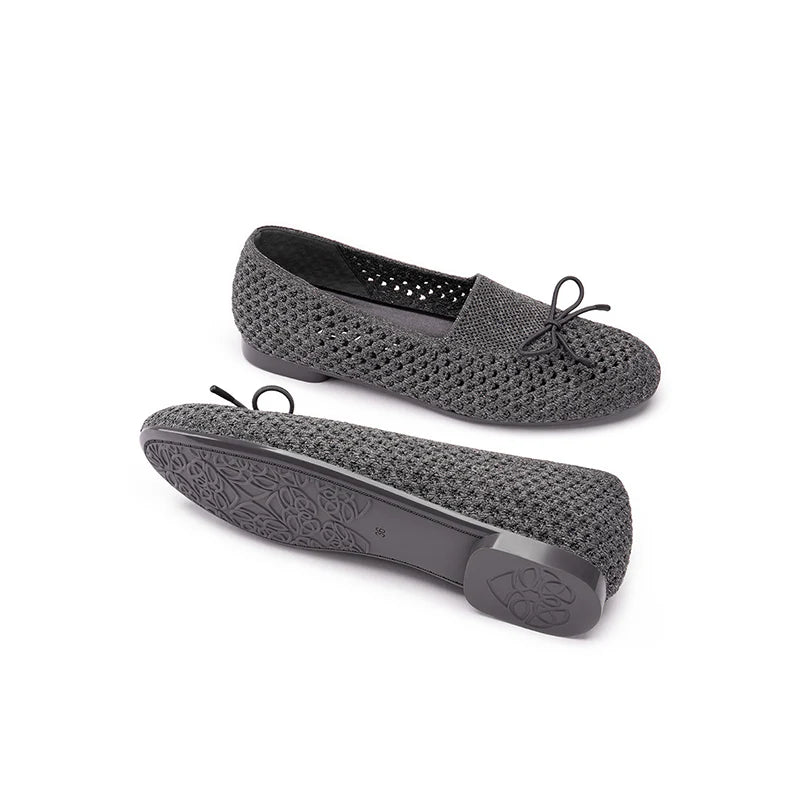 Bow Hollow Mesh Knit Round Toe Low Heel Flats - Charcoal