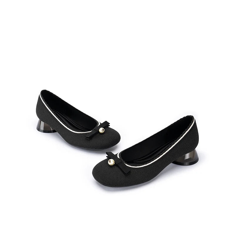 Pearl Bow Knit Square Toe Loafer Pumps - Black