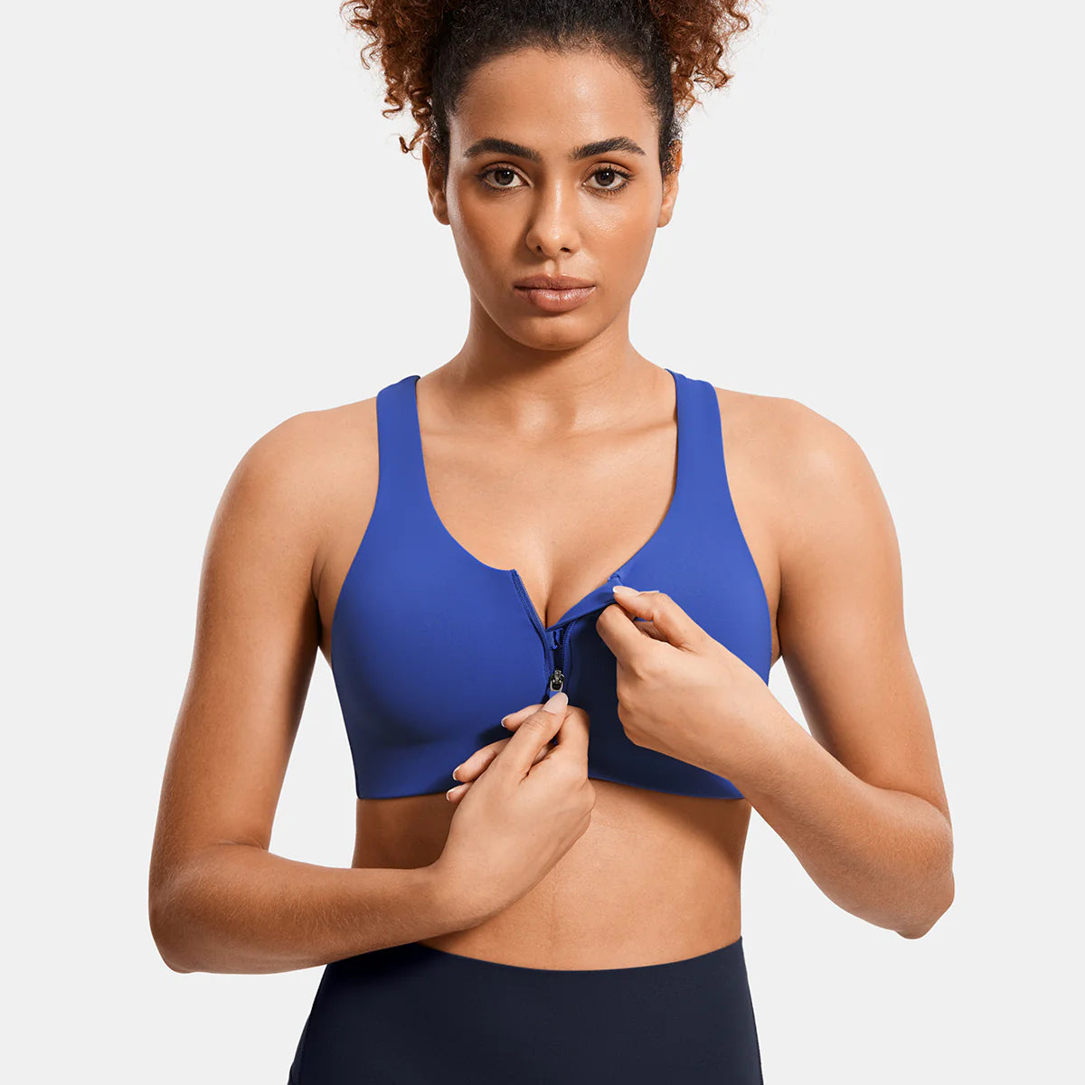 Power On Soft Padded High Impact Zip Front Sports Bra - Sapphire