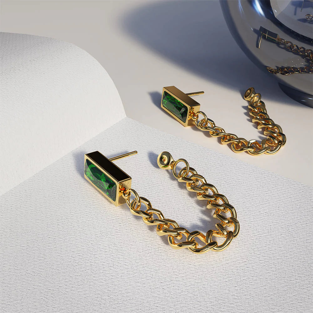 Bullion Gold Green Zirconia Dangly Stud Earrings - 35mm