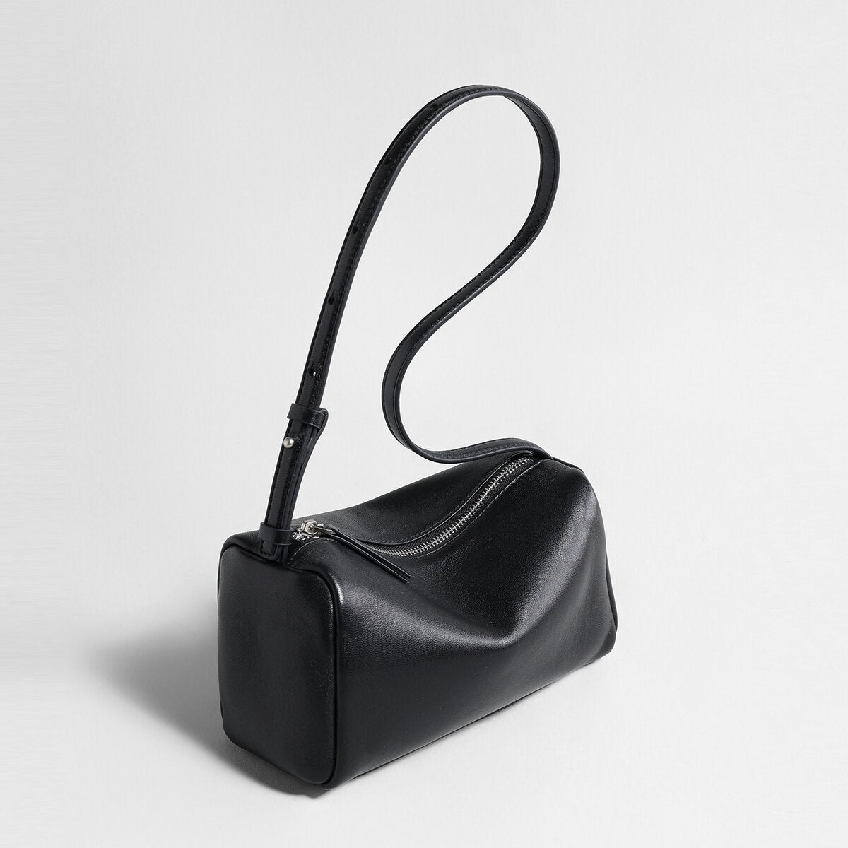 Soft Lambskin Leather Barrel Shoulder Bag - Black