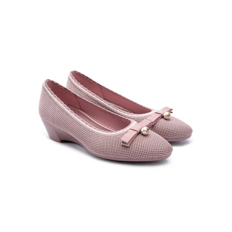 Shallow Wedge Pearl Bow Work Shoes - Mauve