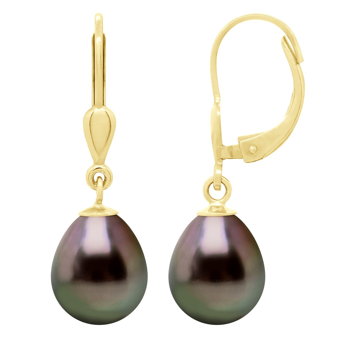 Earrings In Yellow Gold 375 and Real Cultured Tahiti Pearls Pear 9-10 mm - Longueur 42 cm