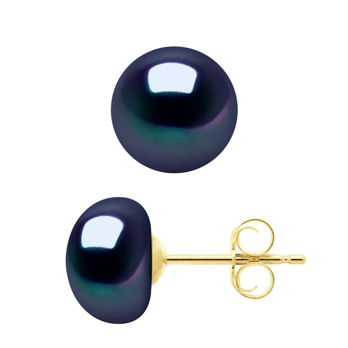 Earrings Button Freshwater Pearl Black Gold Vermeil 8-9mm