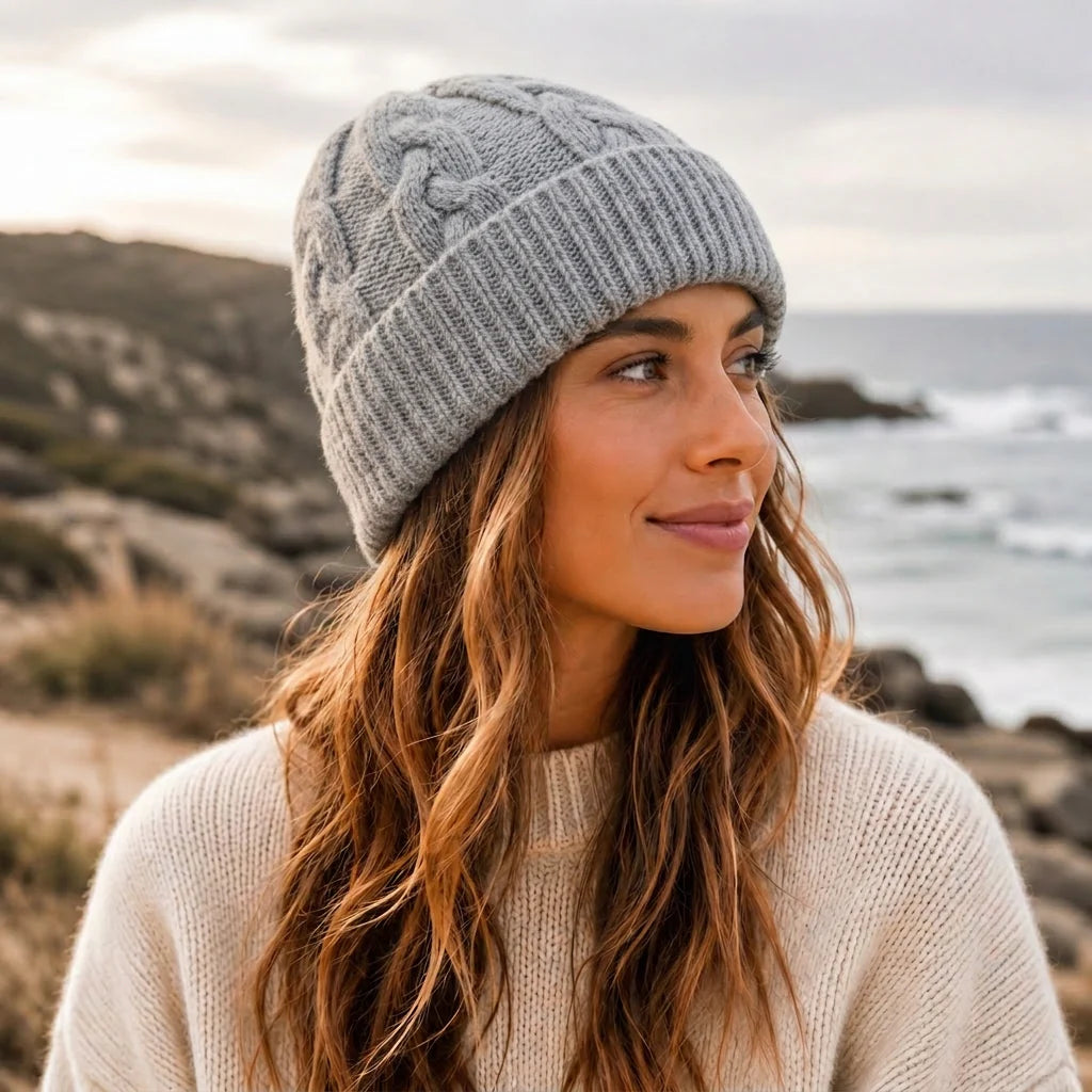 Cherry Red Cable Mohair Beanie - Grey