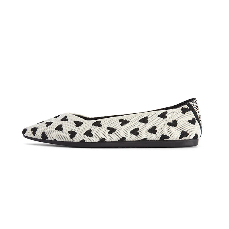 Heart Print Pointed Toe Comfortable Flats - White