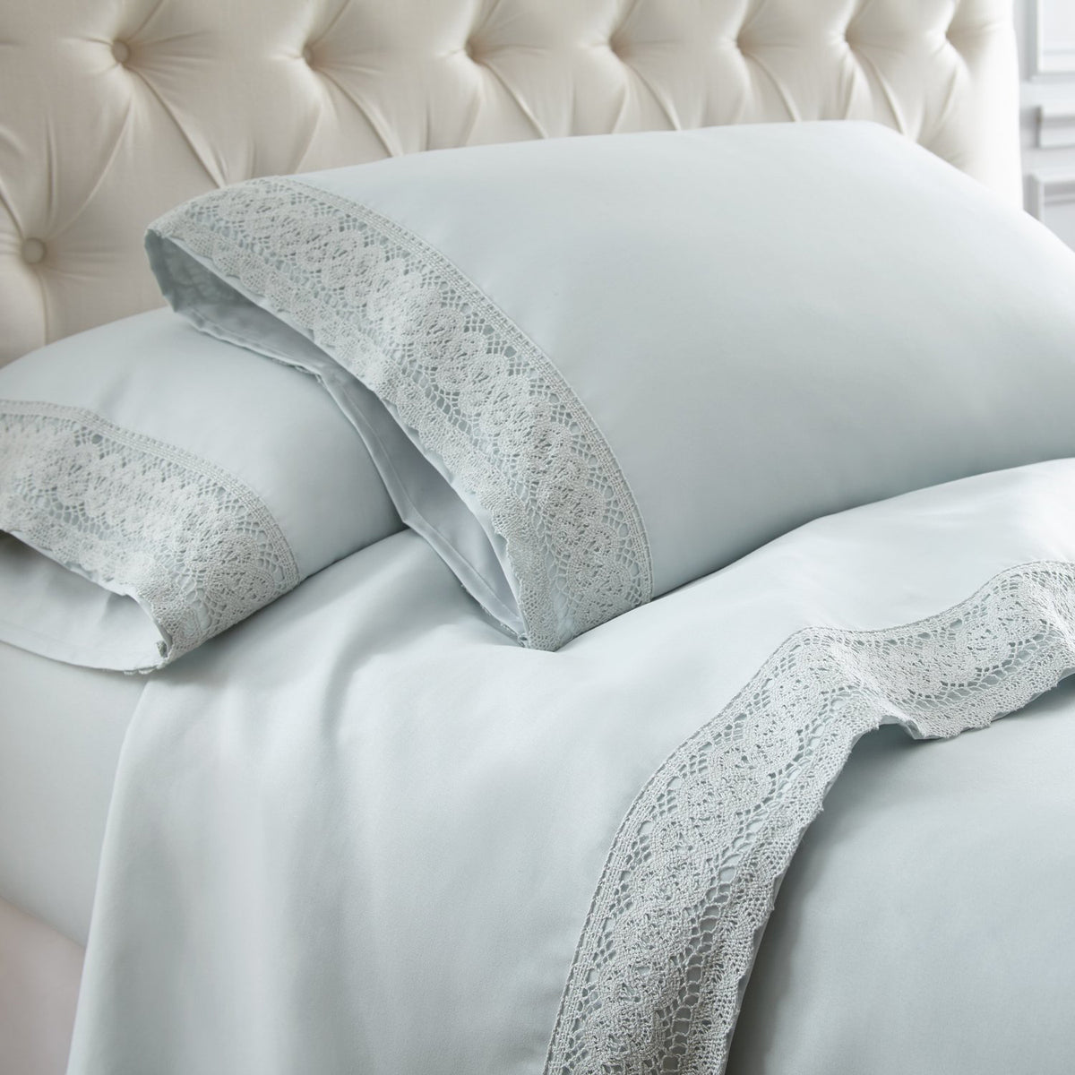 Ramesses Crochet-Lace Microfibre Sheet Set - Ice Blue Lace Ice Blue Fabric