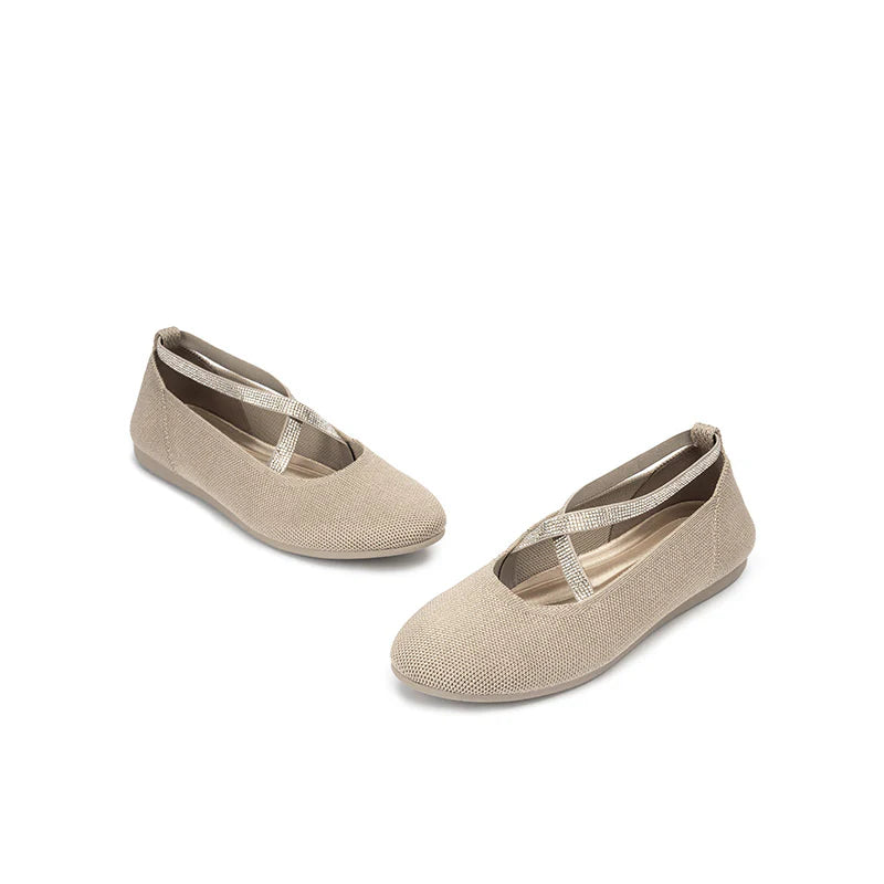 Rhinestone Cross Strap Knit Ballet Flats - Sand
