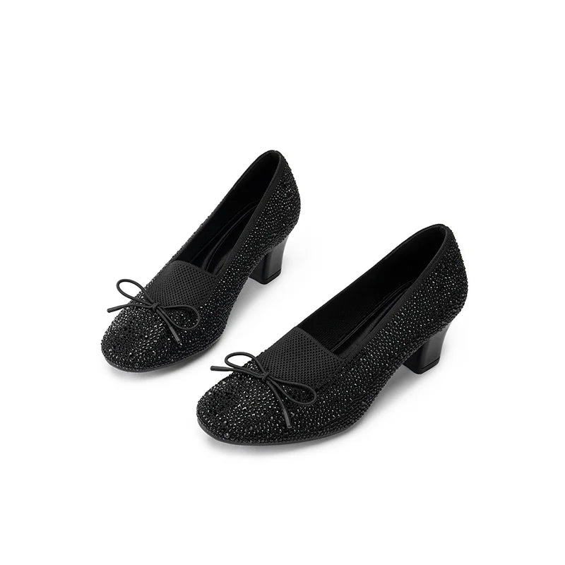 Rhinestone Bow Knit Round Toe Block Heel Pumps - Black