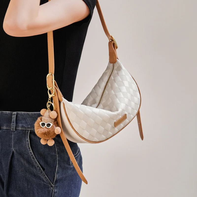 Nalandu Luna Pompom Quilted Crescent Shoulder Bag - White