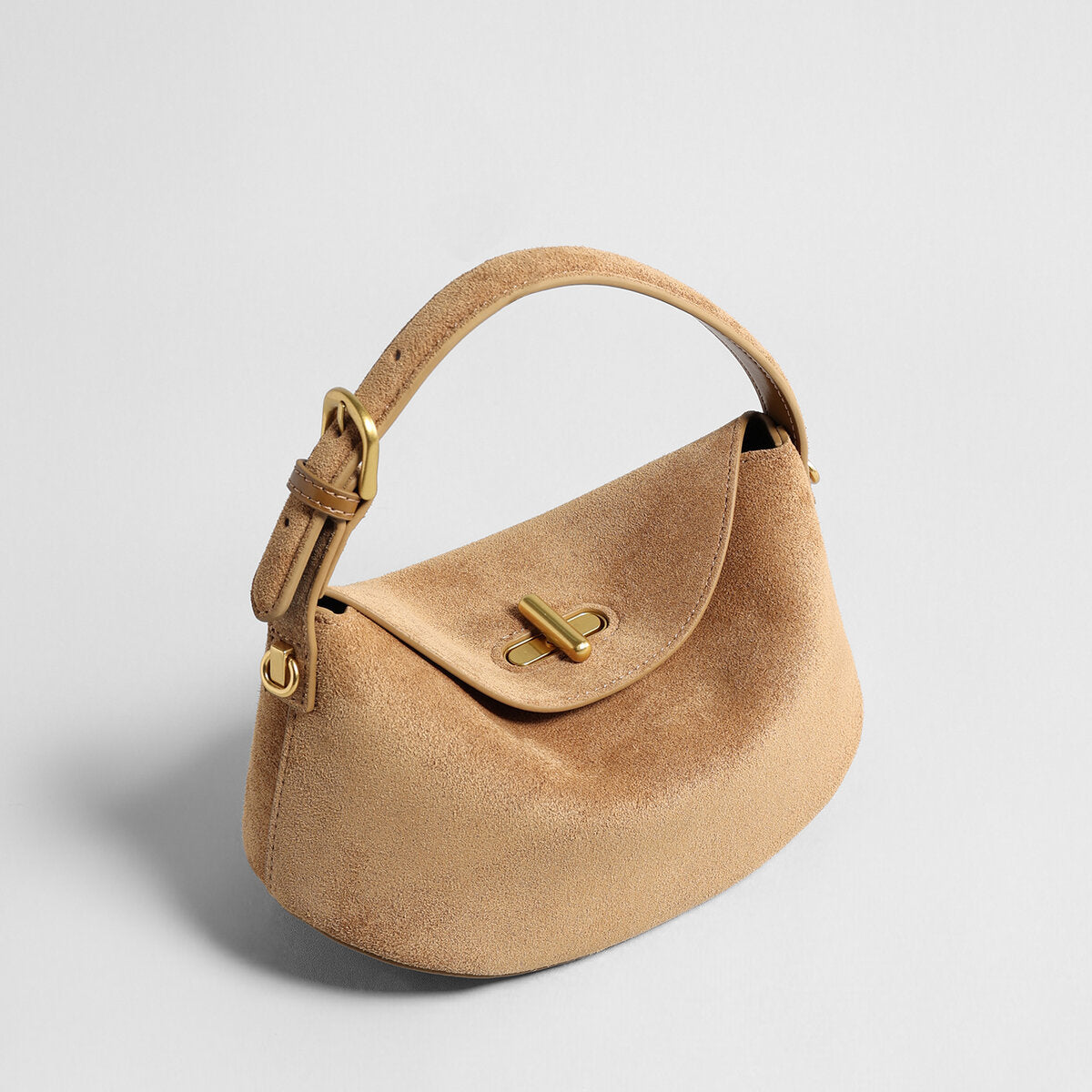 Suede Leather Pebble Top Handle Bag - Camel