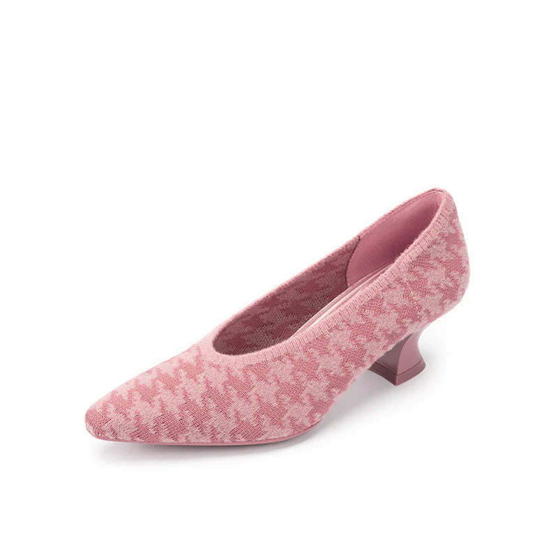 Houndstooth Block Heel Pumps - Pink