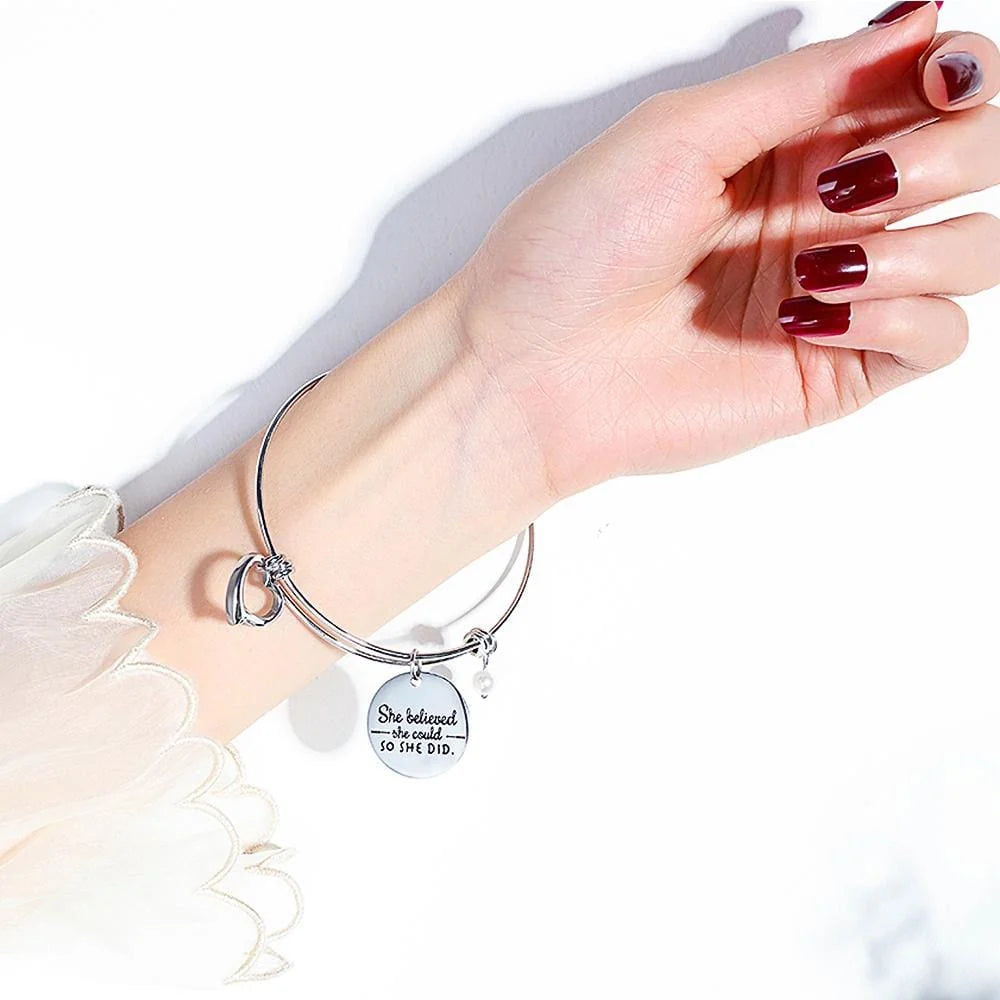 Bullion Gold She Believed She Could Heart Charm White Gold Layered Tubular Adjustable Inspirational Bangle