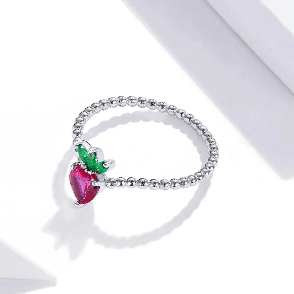 Solid 925 Sterling Silver Strawberry Ball Chain Ring