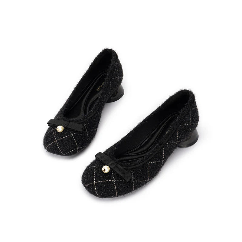Classic Bow Tweed Quilted Pumps - Black