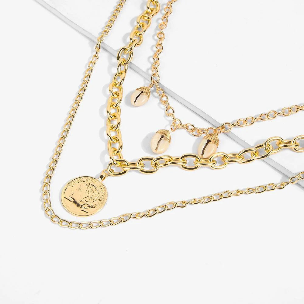 Multilayer 3 Piece Beach Inspired Seashell Charm Layering Gold Necklace