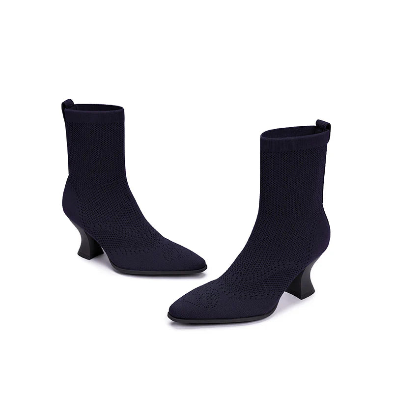 Pointed Toe Knit Sock Boots - Navy