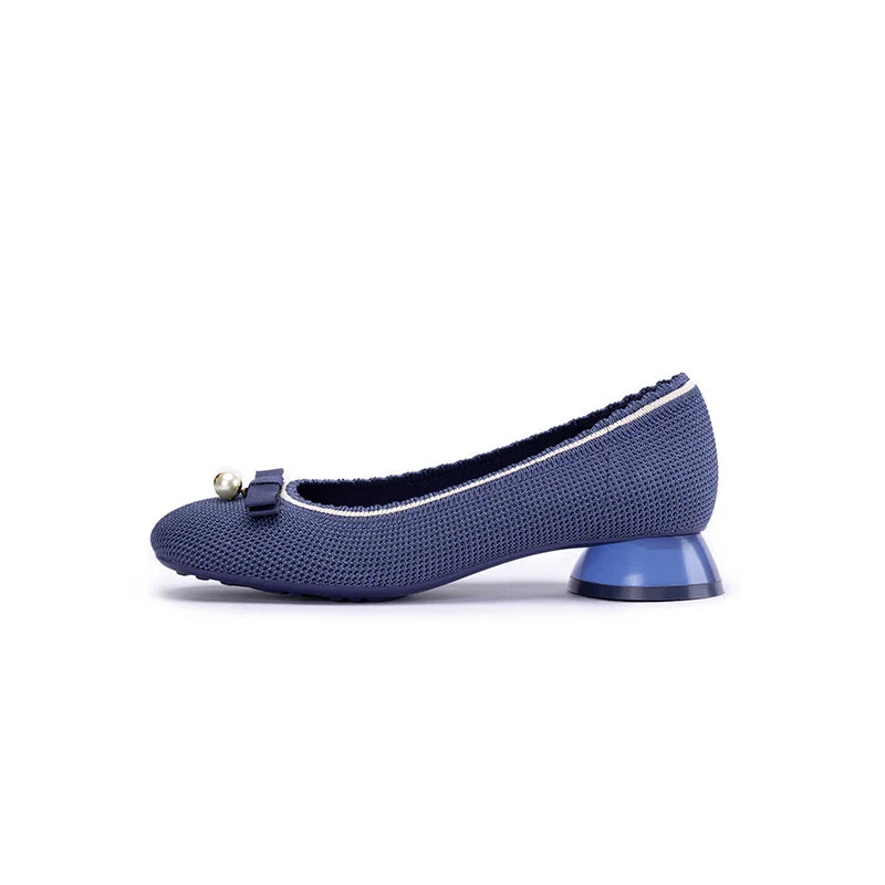 Pearl Bow Knit Square Toe Loafer Pumps - Indigo