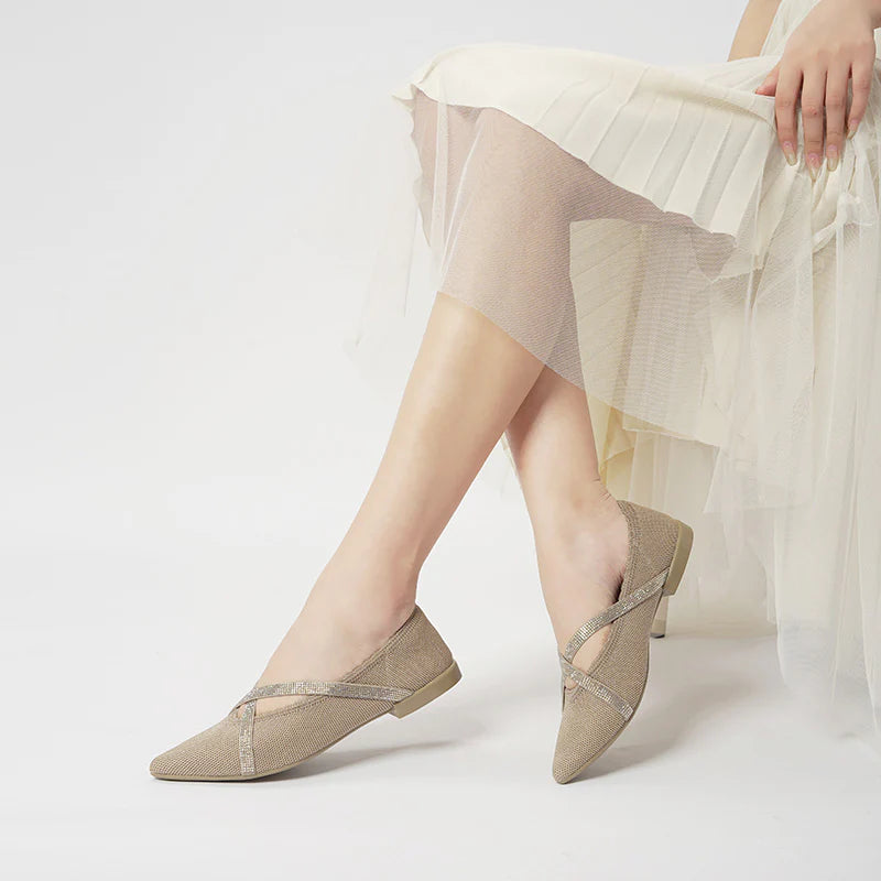 Rhinestone Cross Strap Pointed Toe Knit Flats - Sand