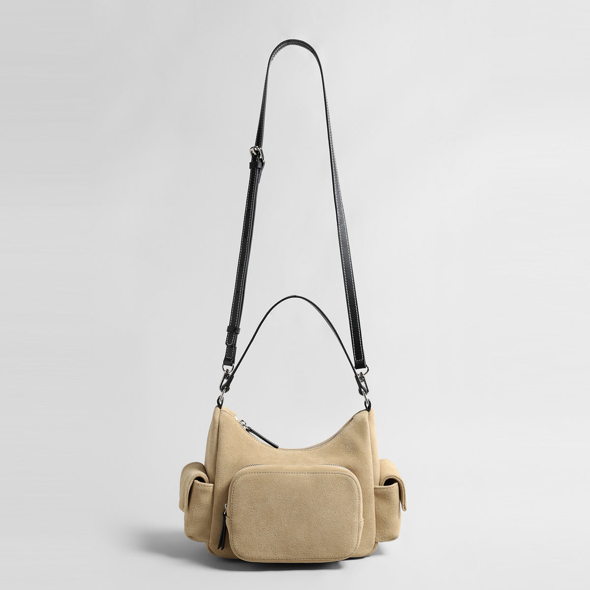 Suede Multi-Pocket Hobo Bag – Contrast Leather Shoulder & Crossbody Bag