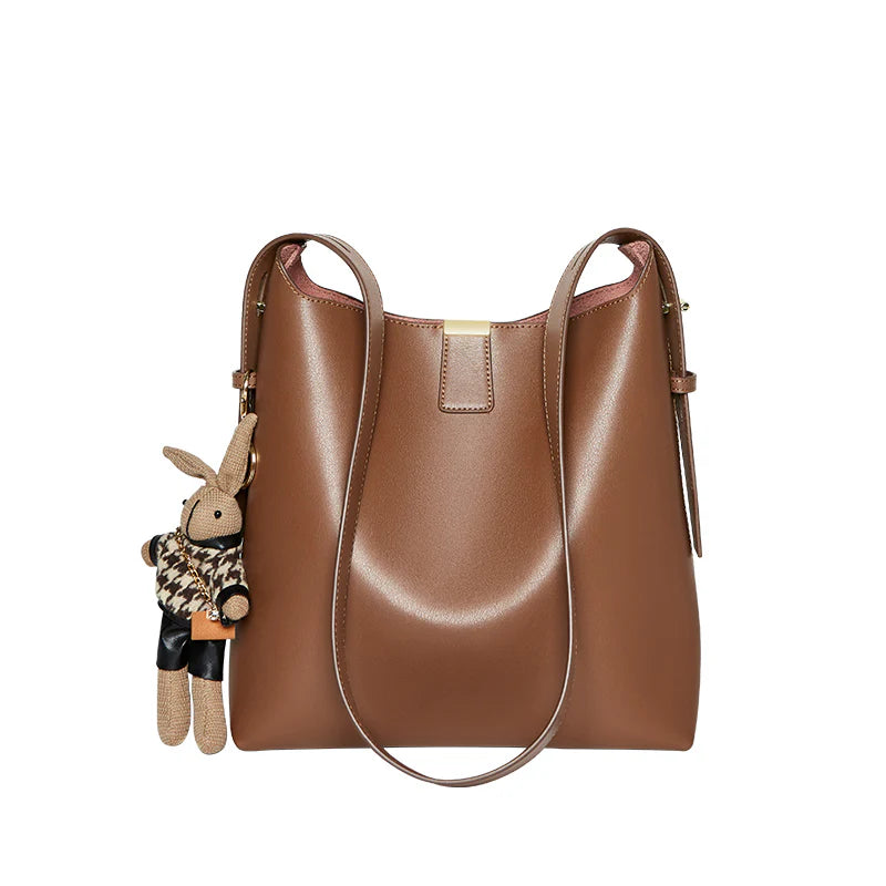 Nalandu Natalia Rabbit Charm Leather Work Tote Bag - Coffee