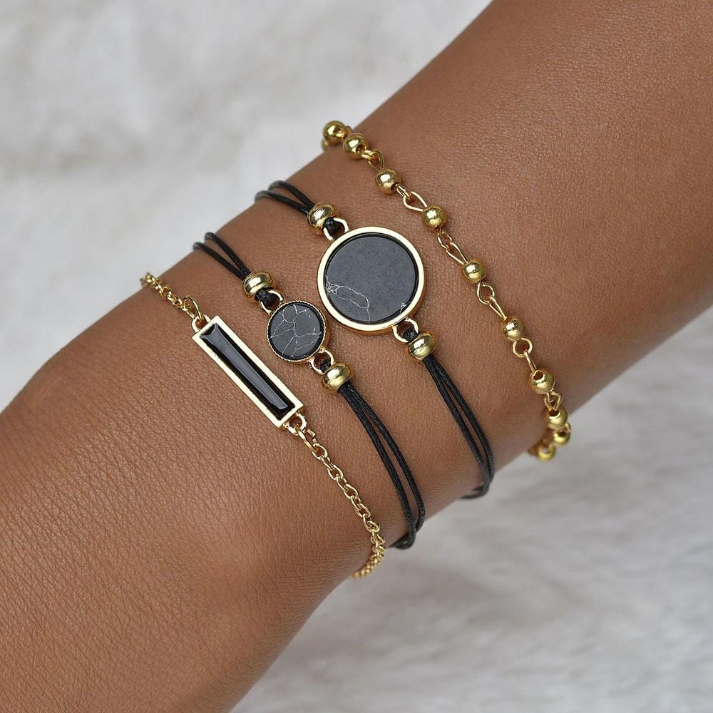 Boxed Bohemian Multi Layered Charm Bead Bracelet and Fish Shaped Gold Plated Earrings Set - Black
